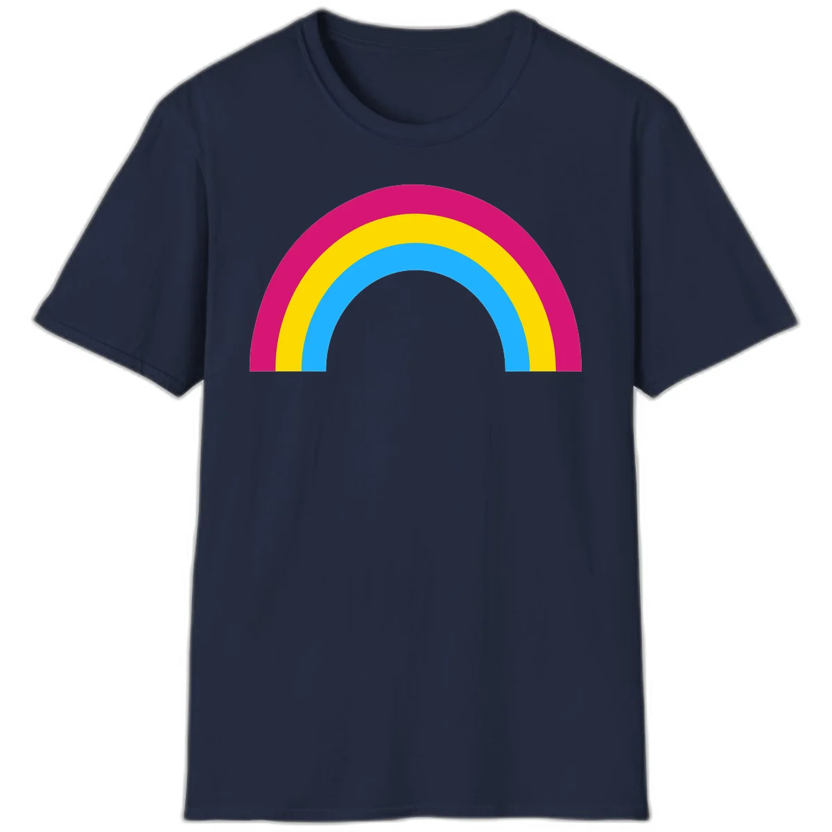 Rainbow concentric circles design with magenta, yellow, and cyan blue nested rings on gray background in Navy