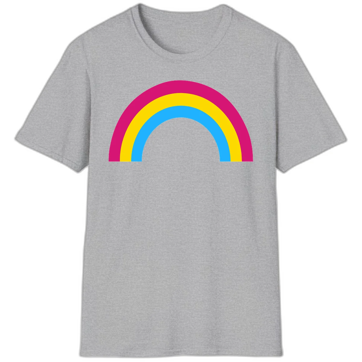 Rainbow concentric circles design with magenta, yellow, and cyan blue nested rings on gray background in Sport Grey