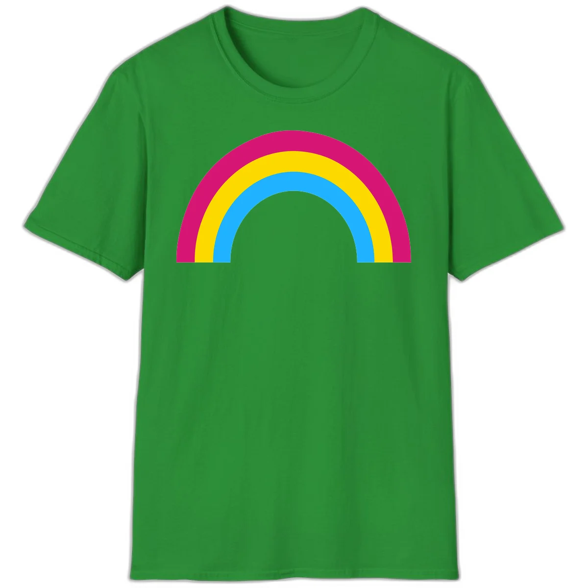 Rainbow concentric circles design with magenta, yellow, and cyan blue nested rings on gray background in Irish Green