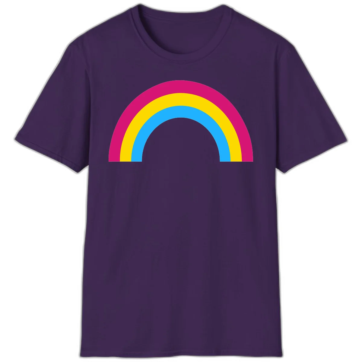 Rainbow concentric circles design with magenta, yellow, and cyan blue nested rings on gray background in Purple