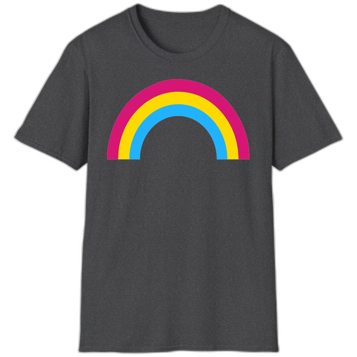 Rainbow concentric circles design with magenta, yellow, and cyan blue nested rings on gray background in Dark Heather