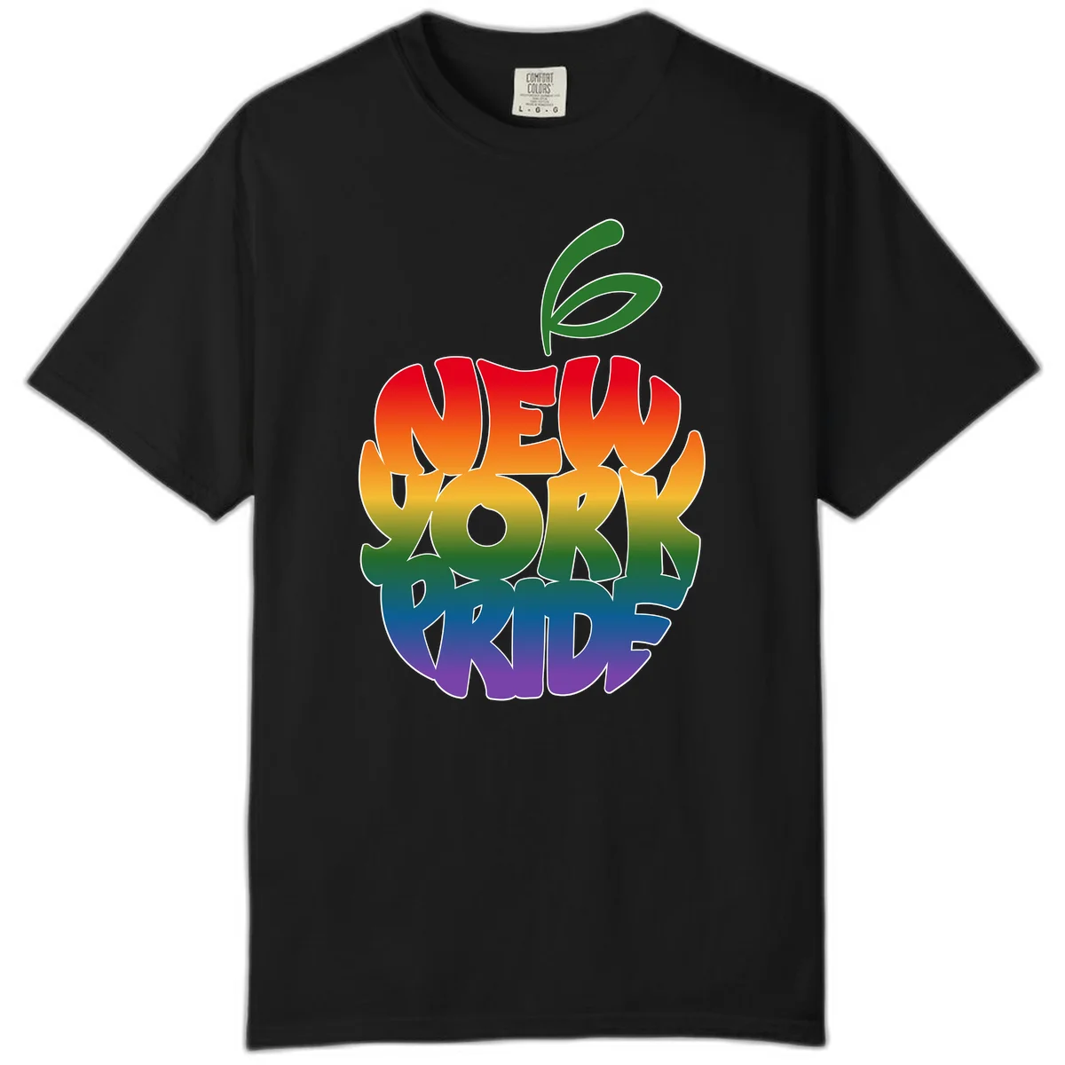 New York Pride apple design with rainbow gradient colors from red to purple and green leaves on top in Black