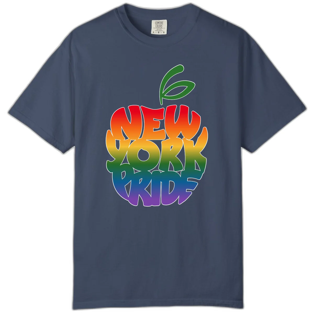 New York Pride apple design with rainbow gradient colors from red to purple and green leaves on top in Midnight