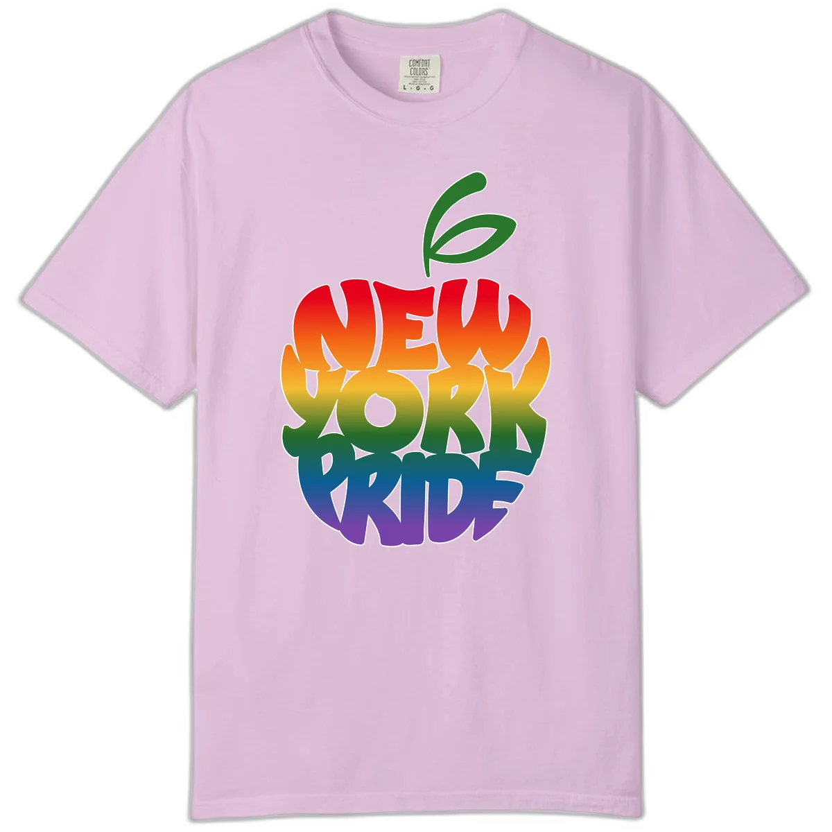 New York Pride apple design with rainbow gradient colors from red to purple and green leaves on top in Orchid