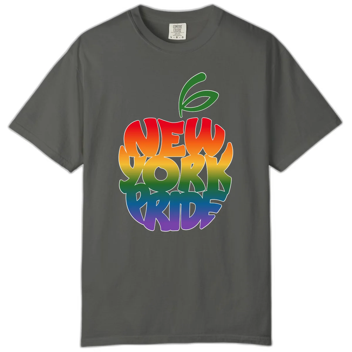 New York Pride apple design with rainbow gradient colors from red to purple and green leaves on top in Pepper