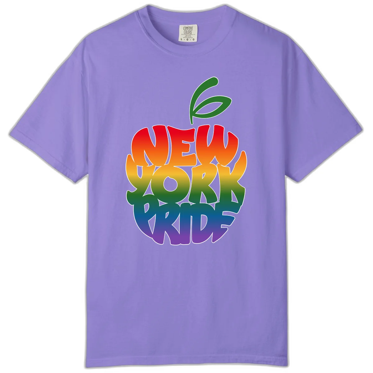 New York Pride apple design with rainbow gradient colors from red to purple and green leaves on top in Violet
