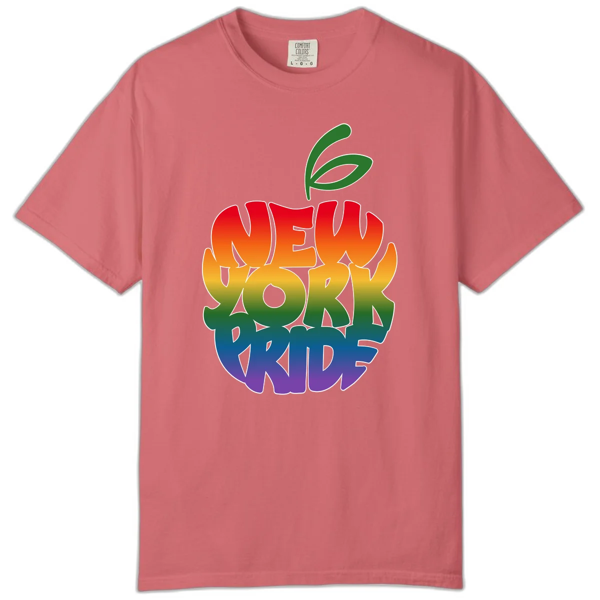 New York Pride apple design with rainbow gradient colors from red to purple and green leaves on top in Watermelon