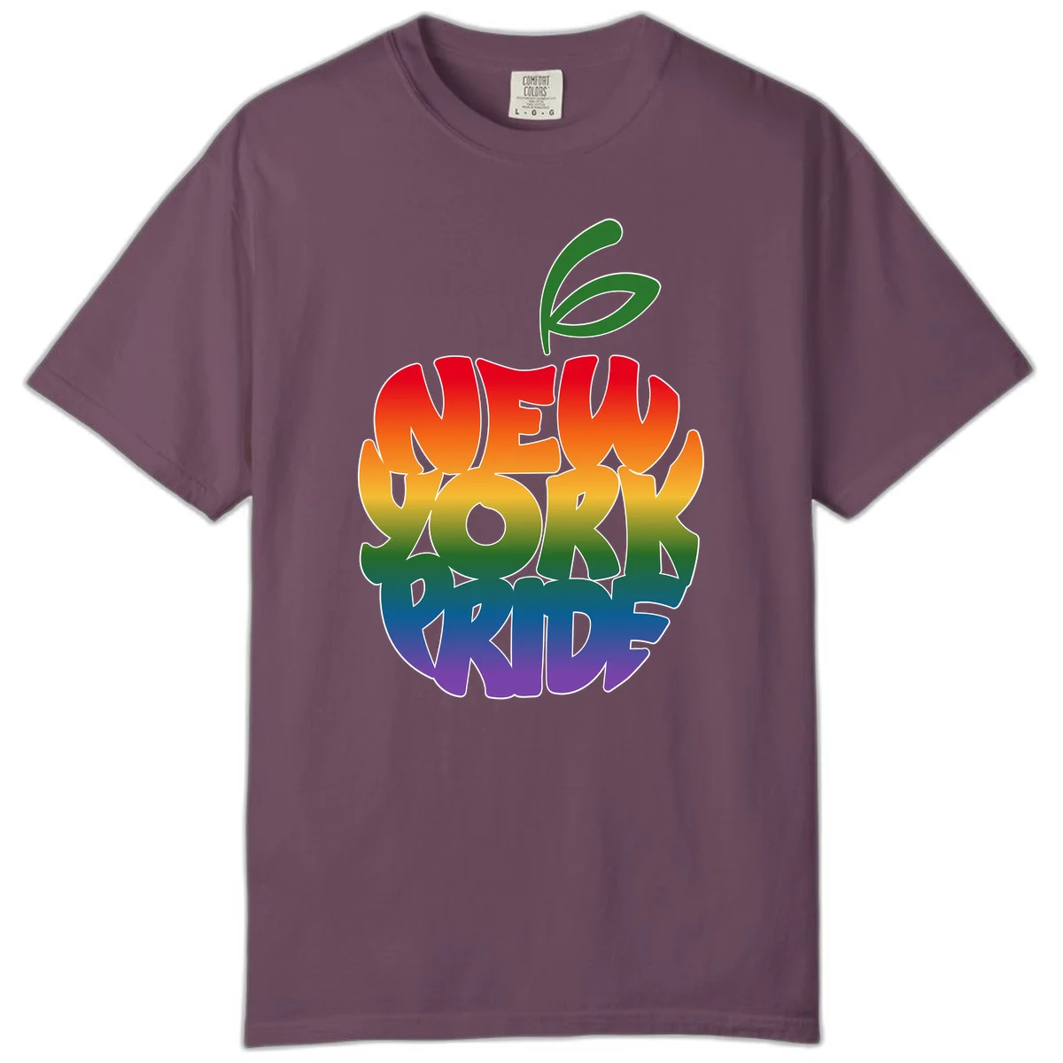 New York Pride apple design with rainbow gradient colors from red to purple and green leaves on top in Berry