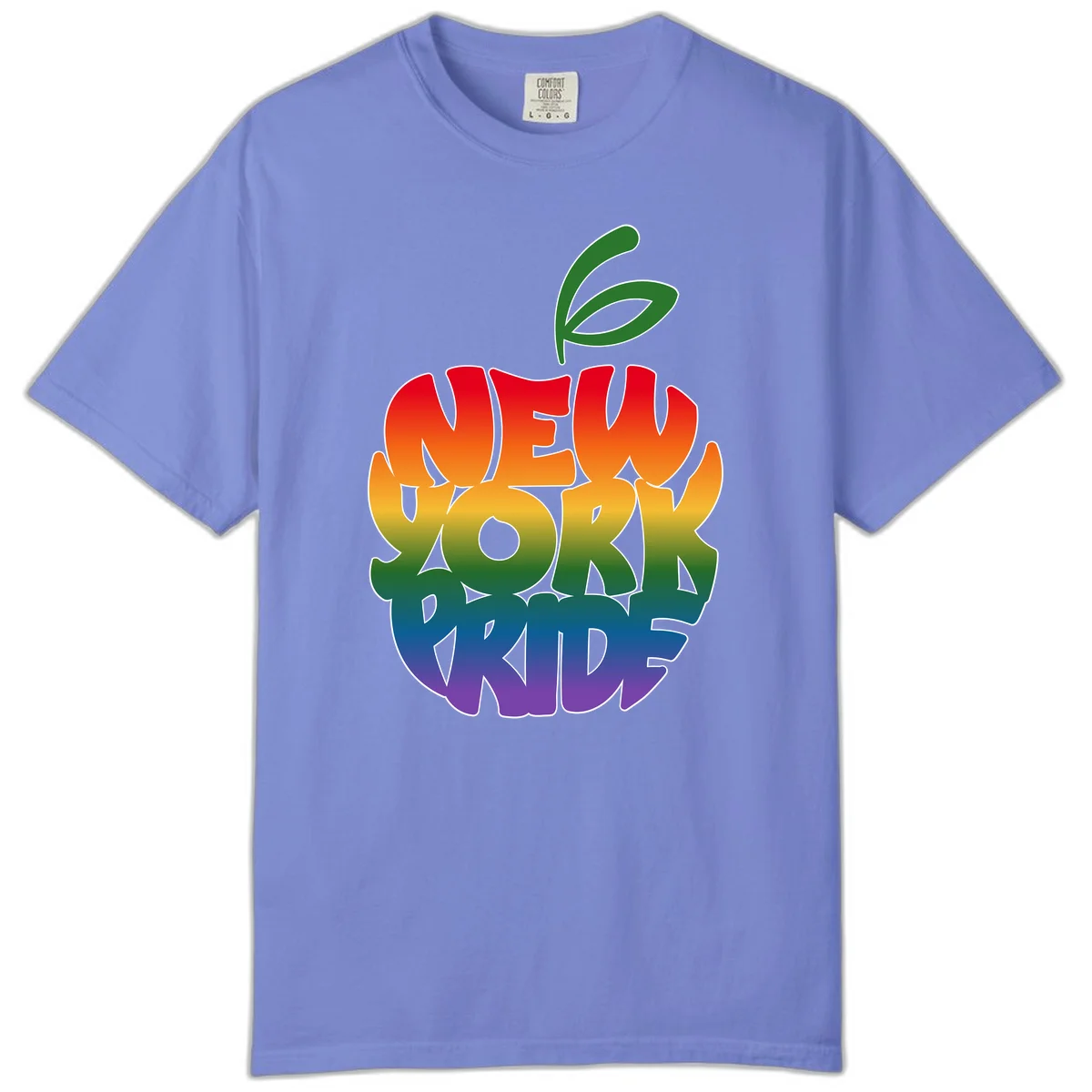 New York Pride apple design with rainbow gradient colors from red to purple and green leaves on top in Flo Blue