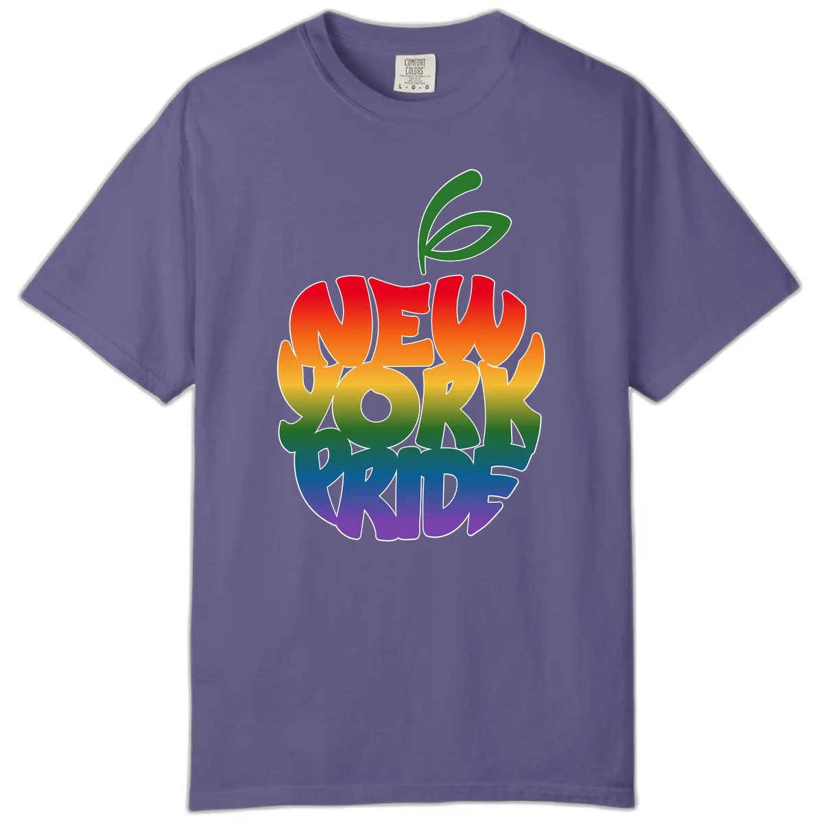 New York Pride apple design with rainbow gradient colors from red to purple and green leaves on top in Grape