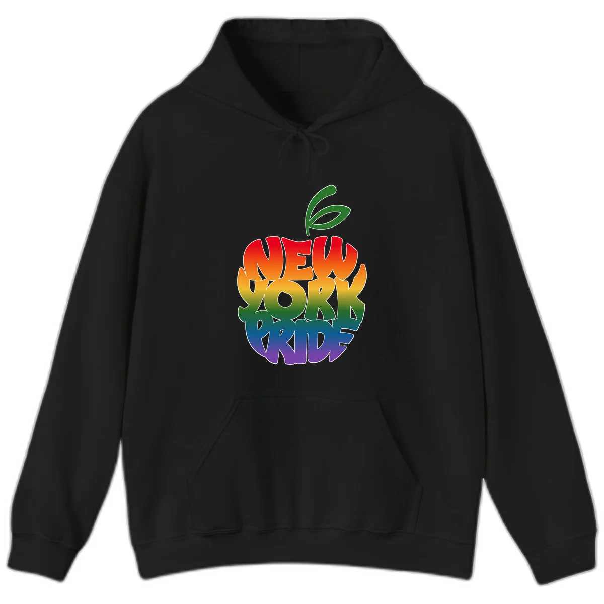 New York Pride apple design with rainbow gradient colors from red to purple and green leaves on top in Black