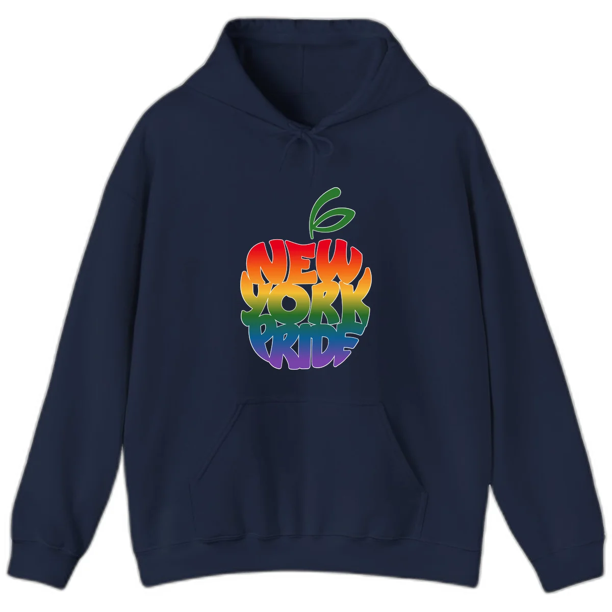 New York Pride apple design with rainbow gradient colors from red to purple and green leaves on top in Navy