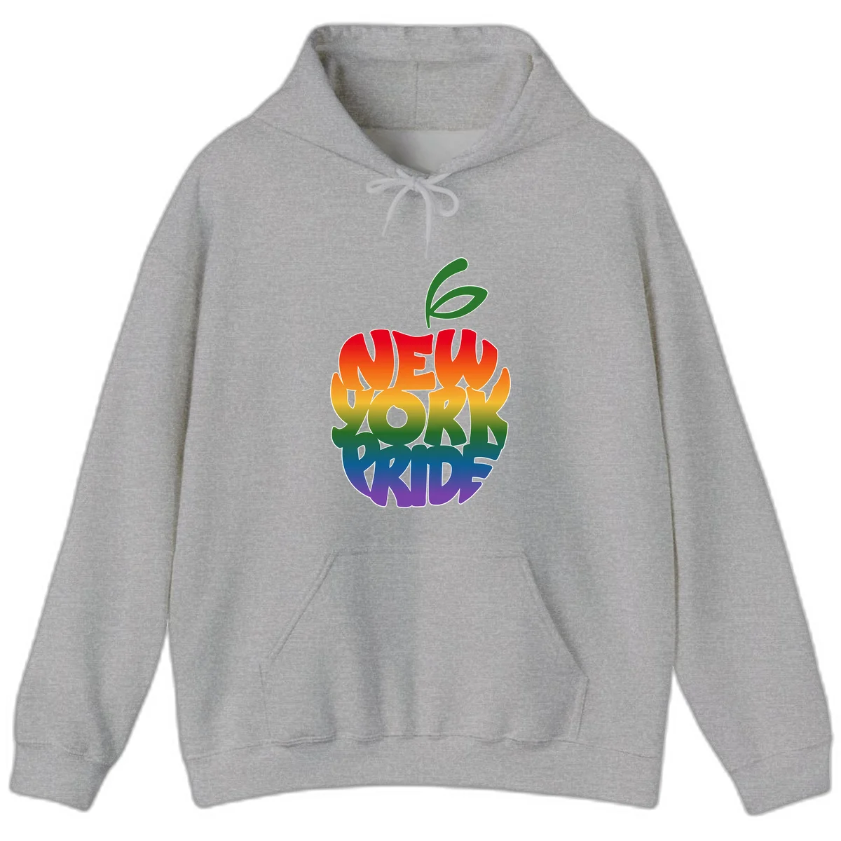 New York Pride apple design with rainbow gradient colors from red to purple and green leaves on top in Sport Grey