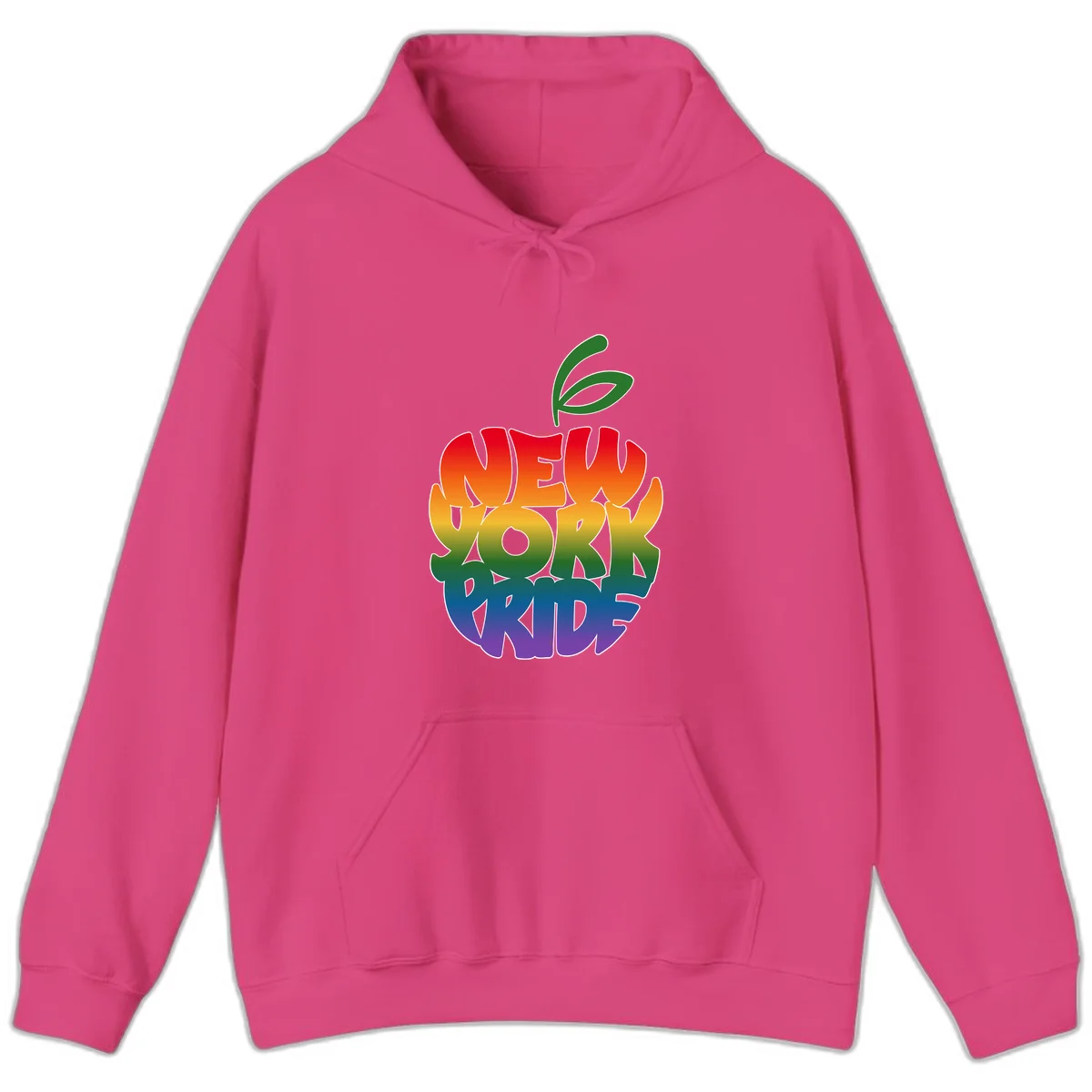 New York Pride apple design with rainbow gradient colors from red to purple and green leaves on top in Heliconia