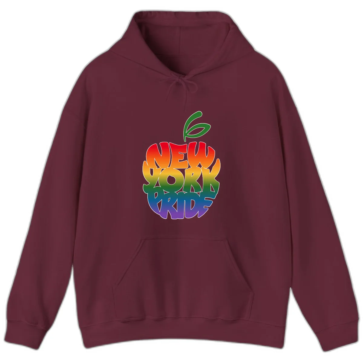 New York Pride apple design with rainbow gradient colors from red to purple and green leaves on top in Maroon