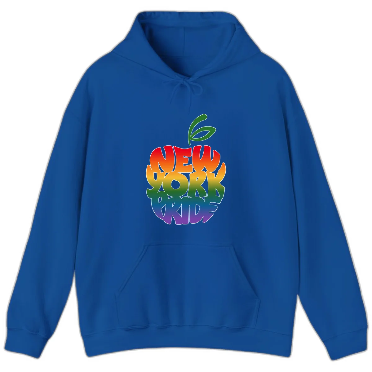 New York Pride apple design with rainbow gradient colors from red to purple and green leaves on top in Royal