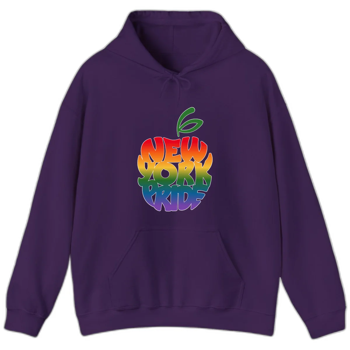 New York Pride apple design with rainbow gradient colors from red to purple and green leaves on top in Purple
