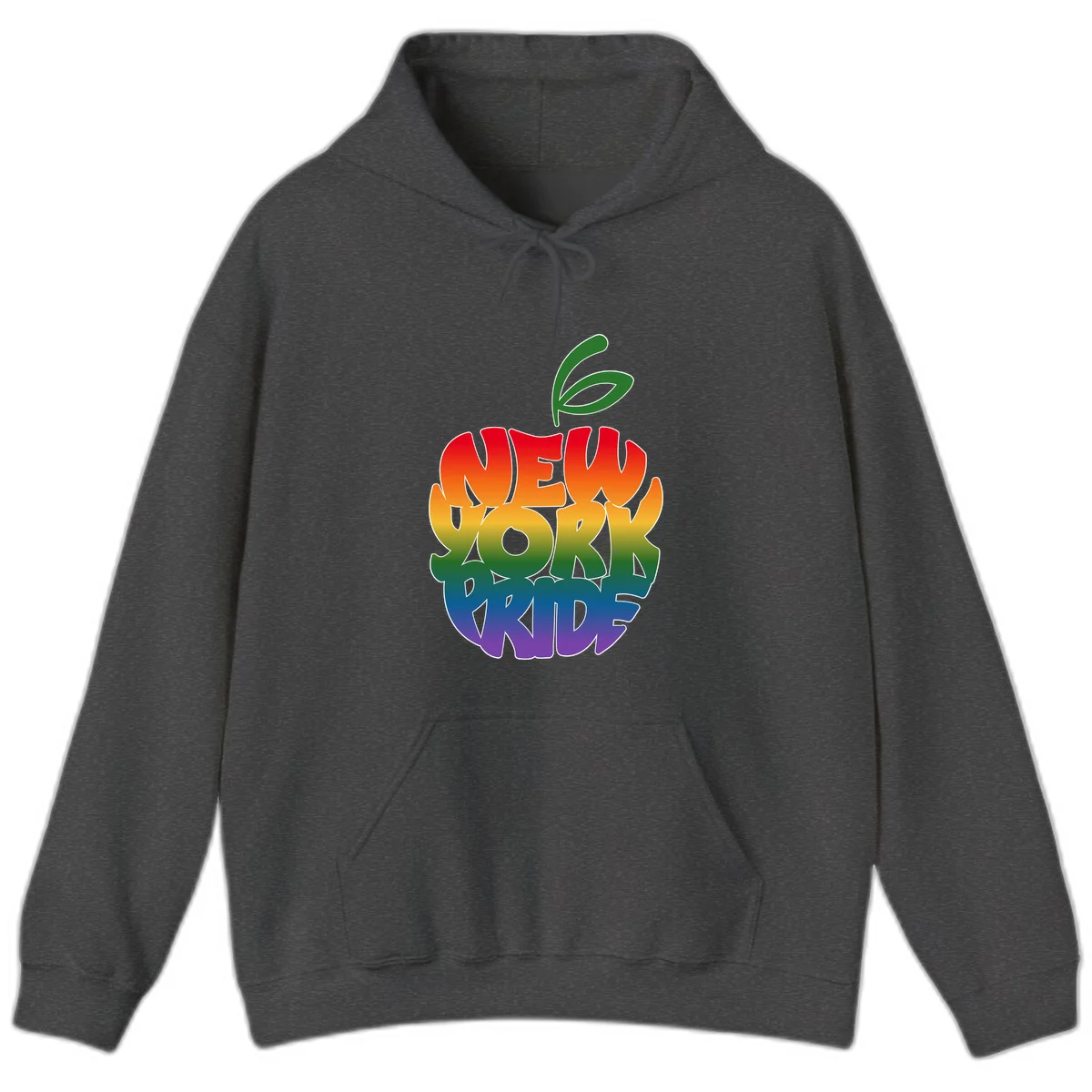 New York Pride apple design with rainbow gradient colors from red to purple and green leaves on top in Dark Heather