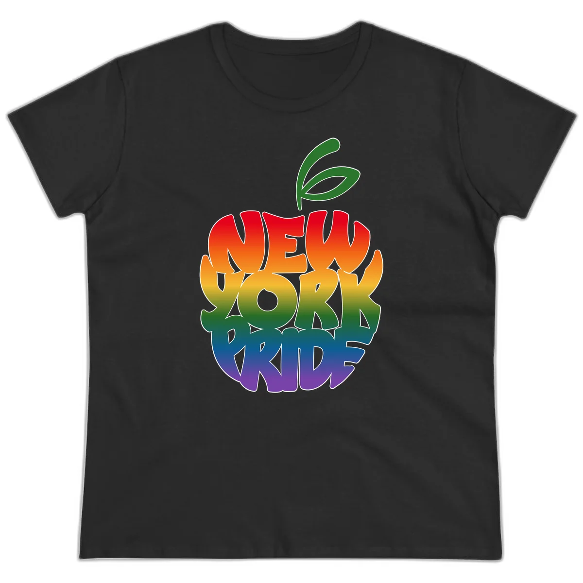 New York Pride apple design with rainbow gradient colors from red to purple and green leaves on top in Black