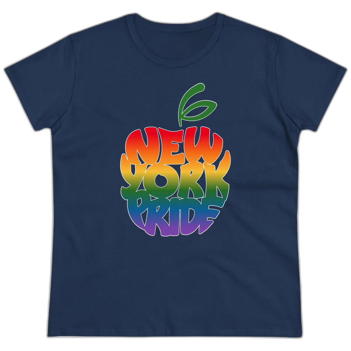 New York Pride apple design with rainbow gradient colors from red to purple and green leaves on top in Navy