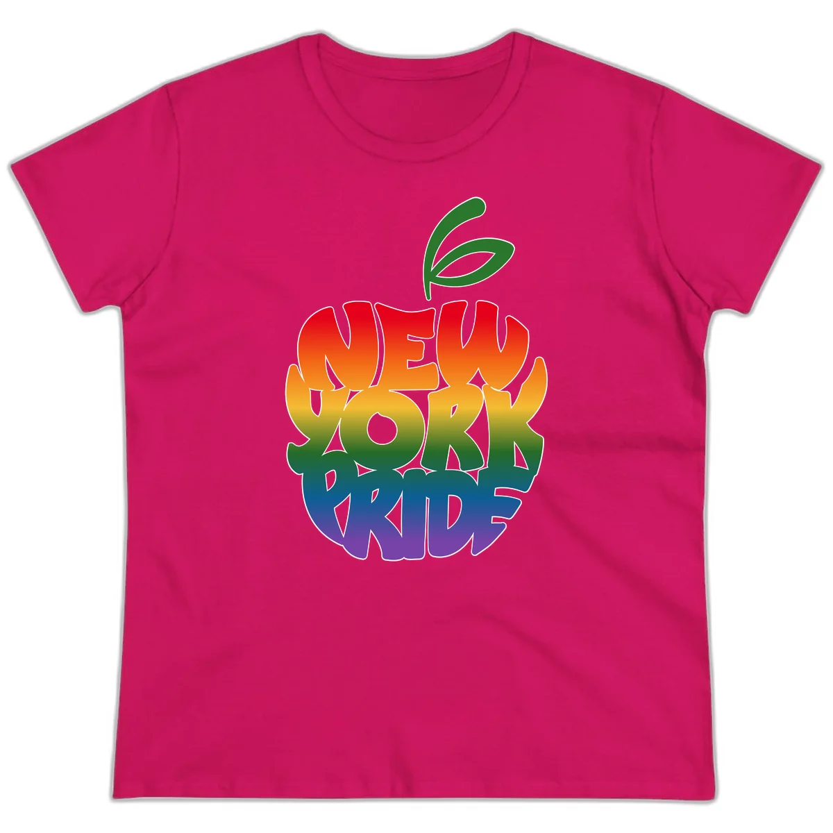 New York Pride apple design with rainbow gradient colors from red to purple and green leaves on top in Heliconia