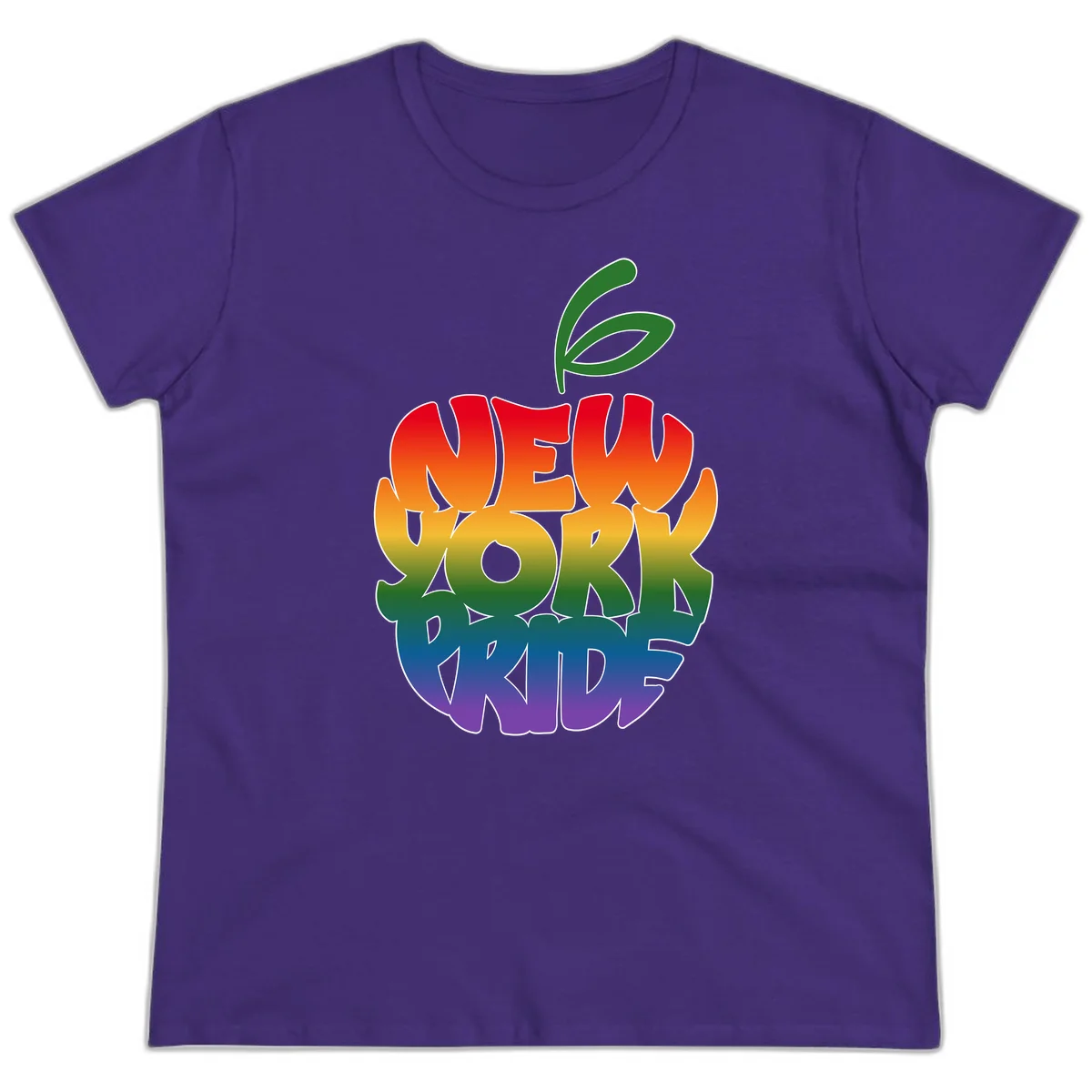 New York Pride apple design with rainbow gradient colors from red to purple and green leaves on top in Purple