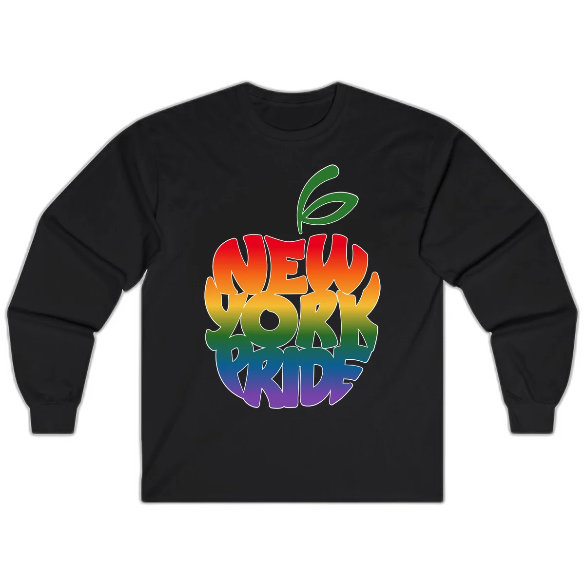 New York Pride apple design with rainbow gradient colors from red to purple and green leaves on top in Black