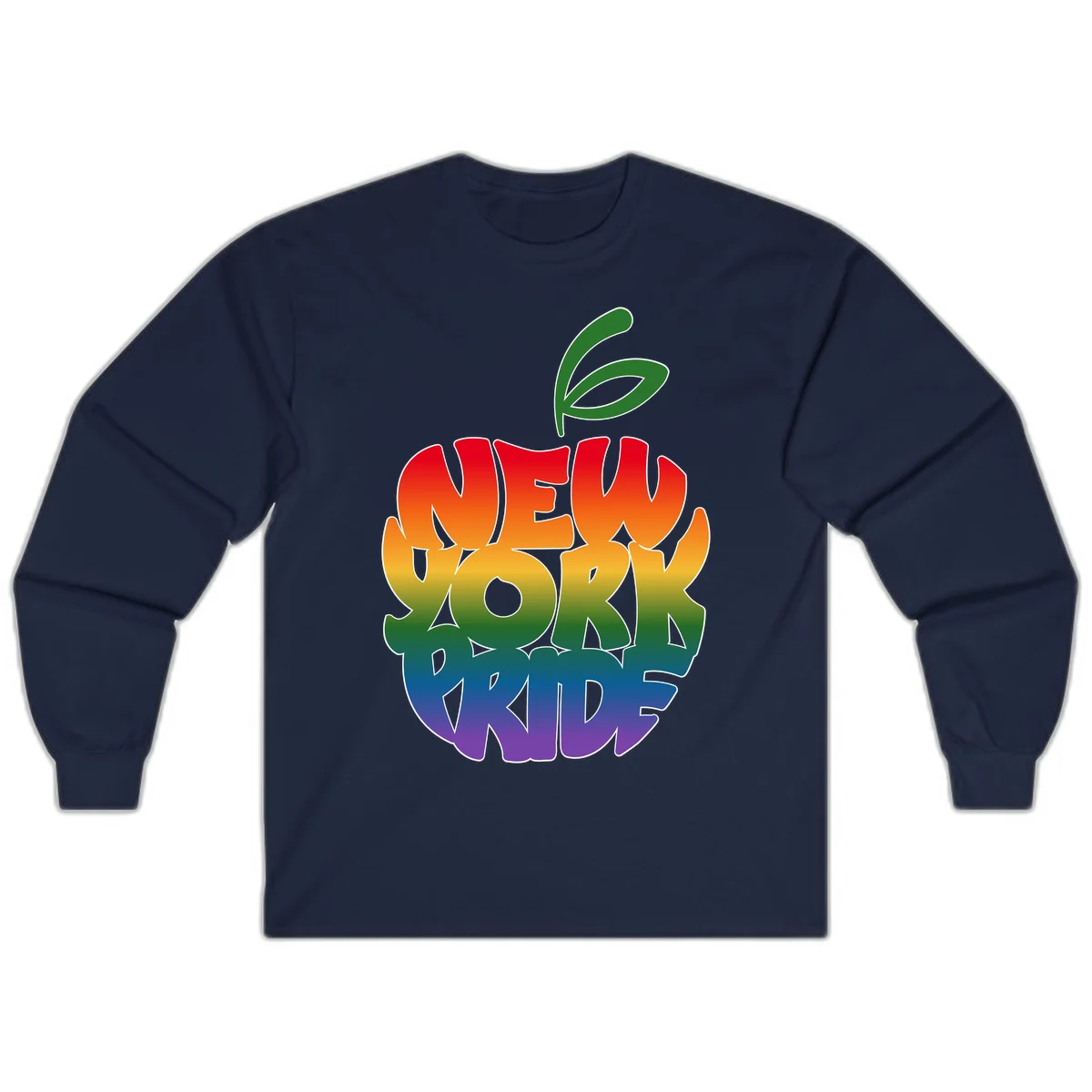New York Pride apple design with rainbow gradient colors from red to purple and green leaves on top in Navy