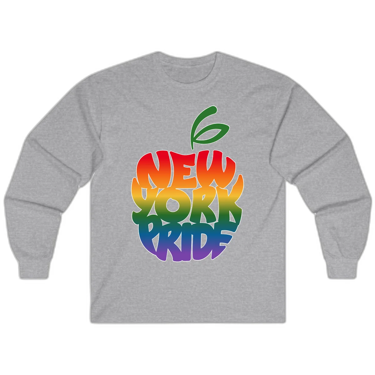 New York Pride apple design with rainbow gradient colors from red to purple and green leaves on top in Sport Grey