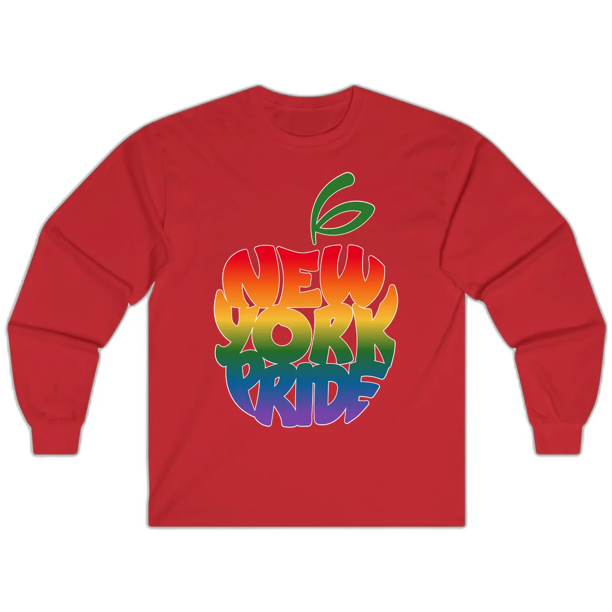 New York Pride apple design with rainbow gradient colors from red to purple and green leaves on top in Red