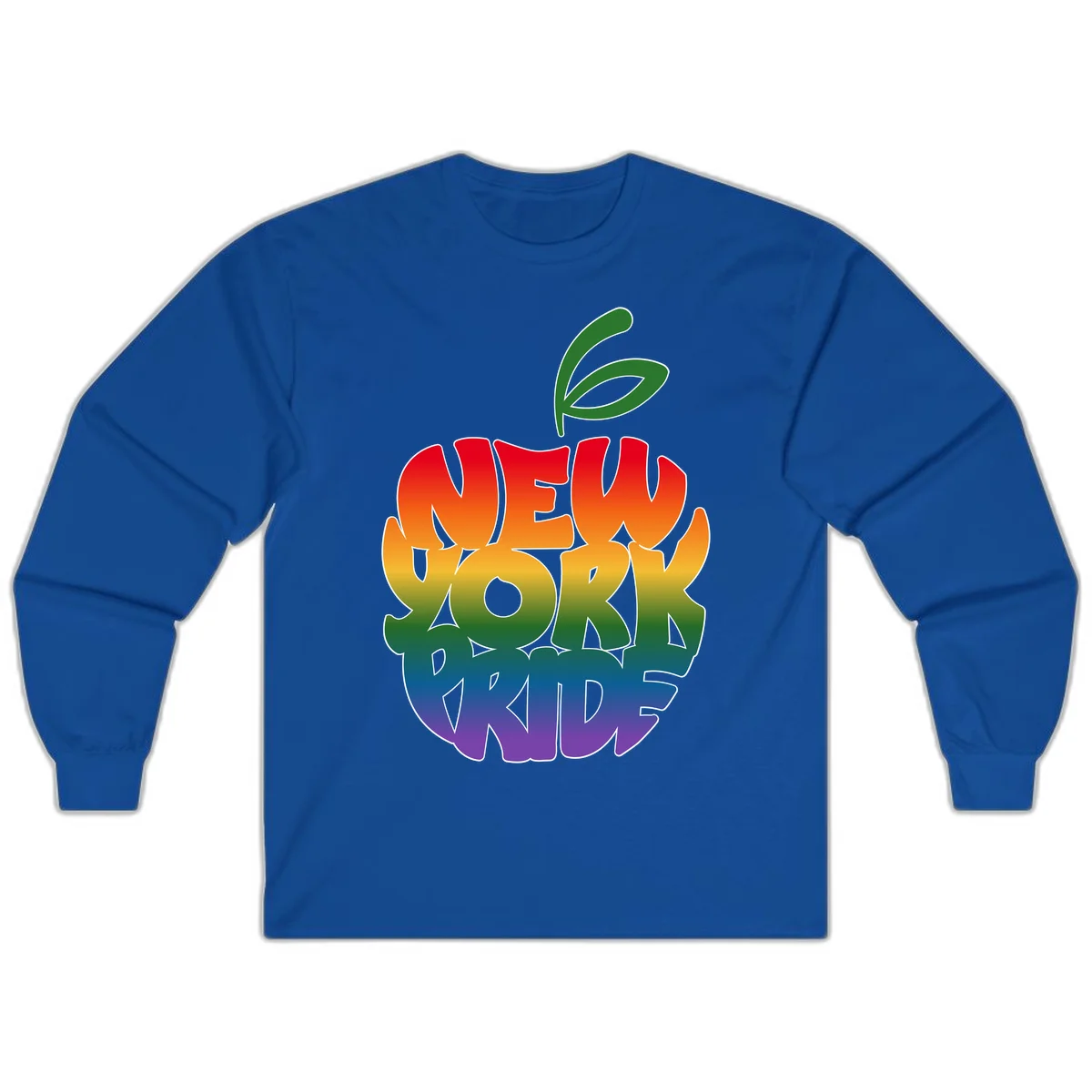 New York Pride apple design with rainbow gradient colors from red to purple and green leaves on top in Royal