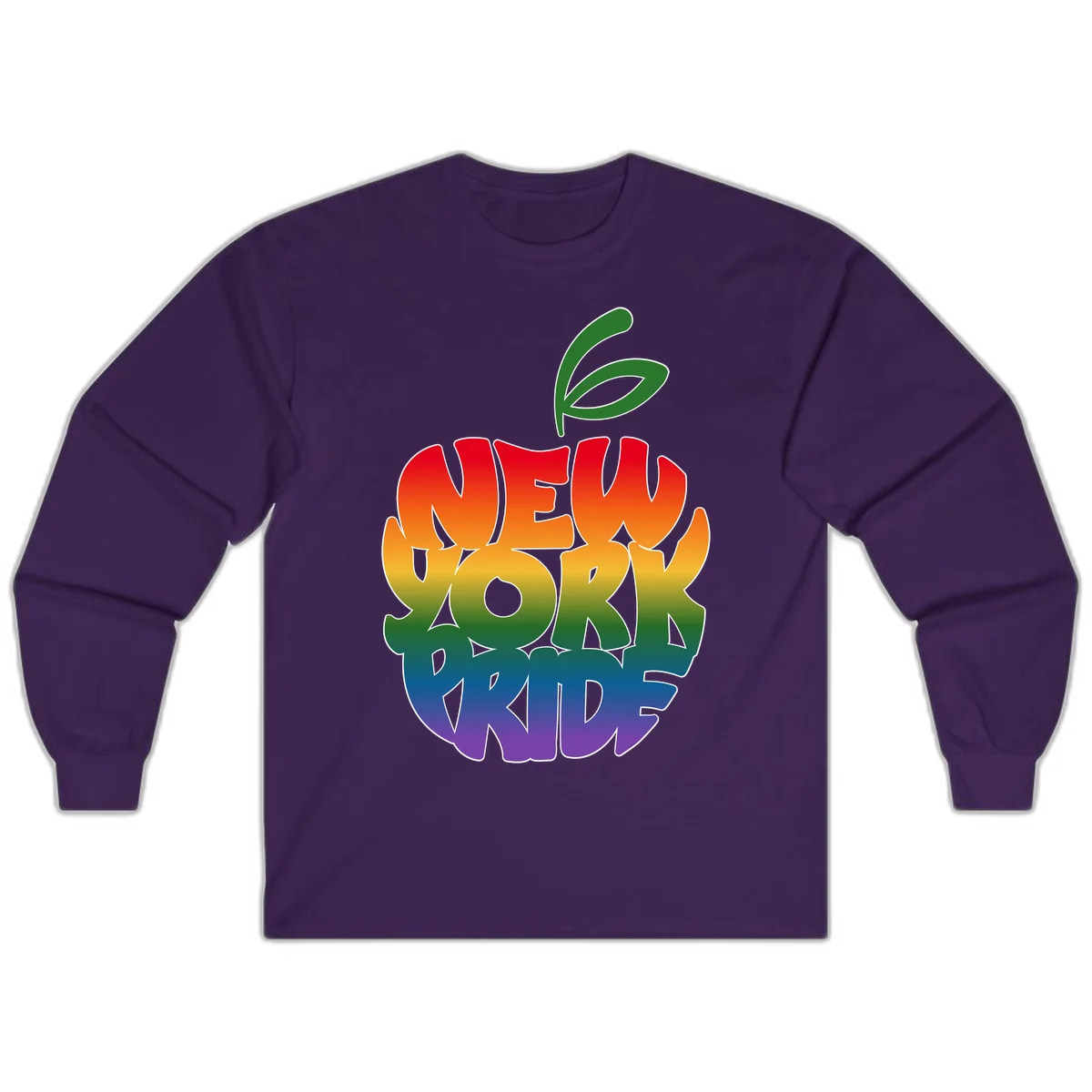New York Pride apple design with rainbow gradient colors from red to purple and green leaves on top in Purple