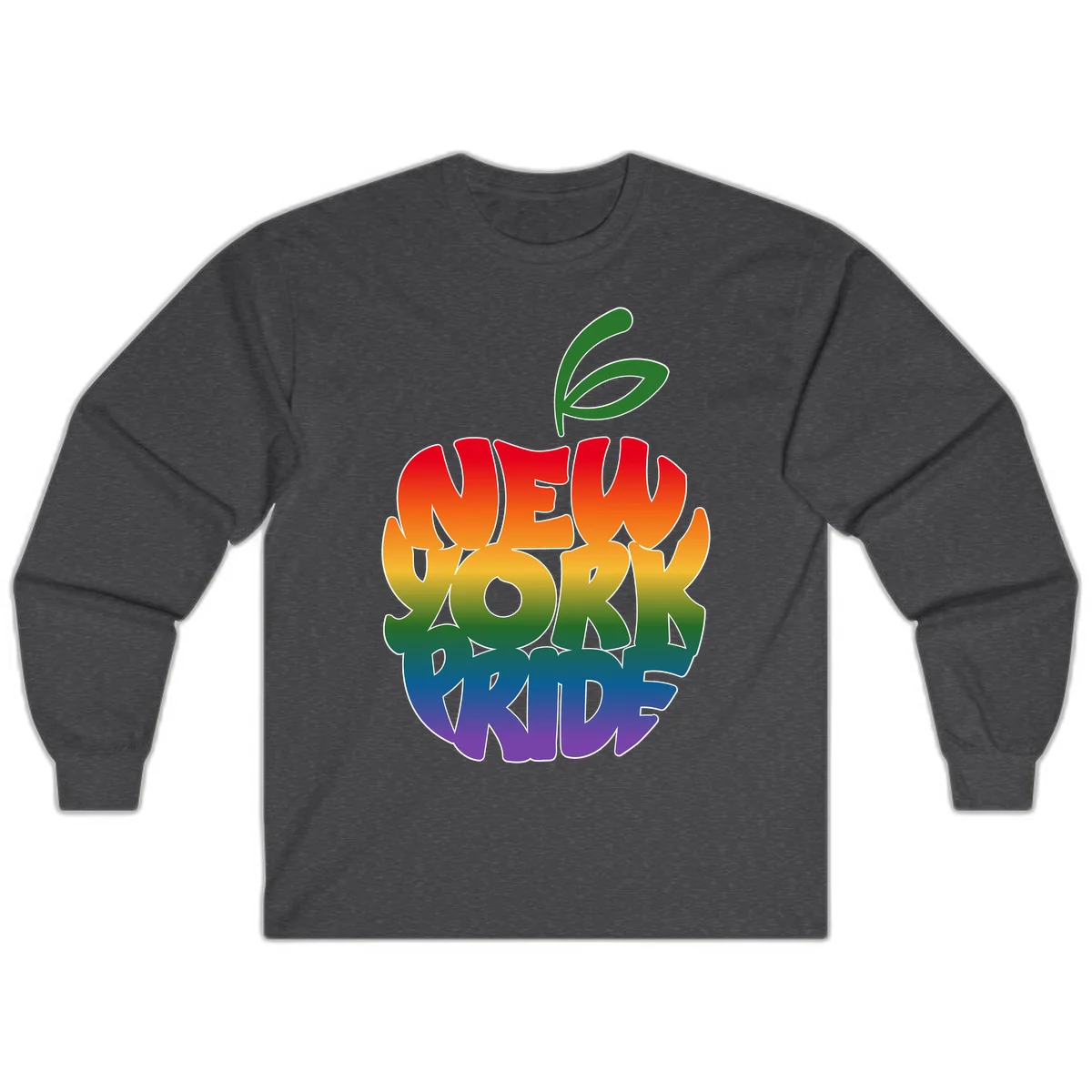 New York Pride apple design with rainbow gradient colors from red to purple and green leaves on top in Dark Heather