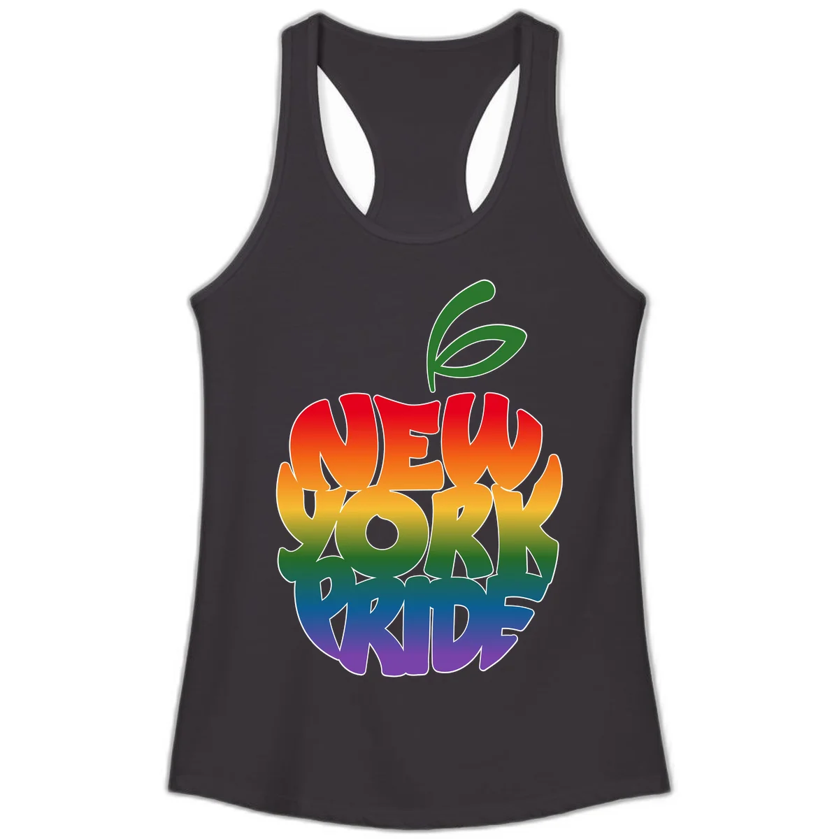 New York Pride apple design with rainbow gradient colors from red to purple and green leaves on top in Black