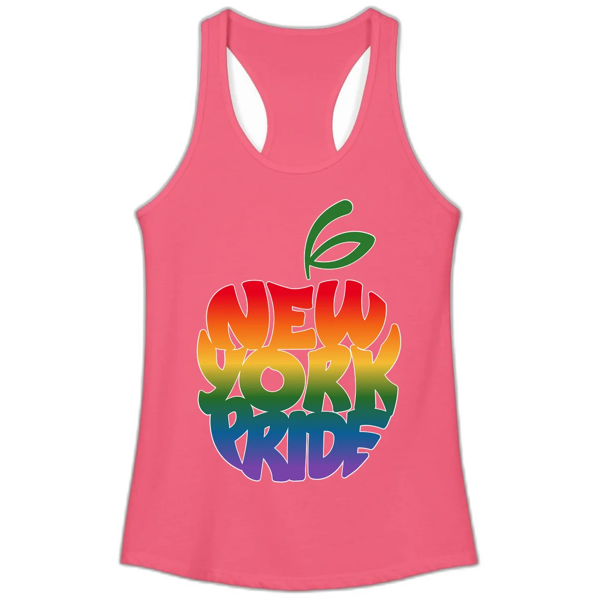 New York Pride apple design with rainbow gradient colors from red to purple and green leaves on top in Hot Pink