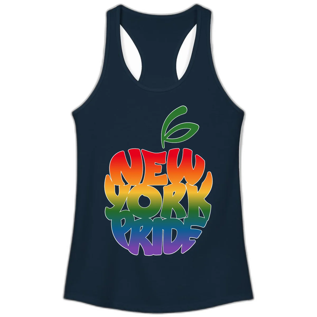New York Pride apple design with rainbow gradient colors from red to purple and green leaves on top in Solid Midnight Navy