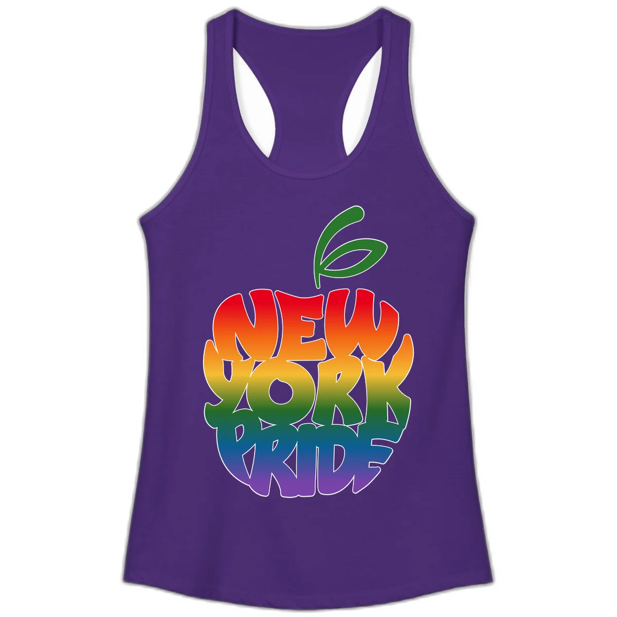 New York Pride apple design with rainbow gradient colors from red to purple and green leaves on top in Solid Purple Rush