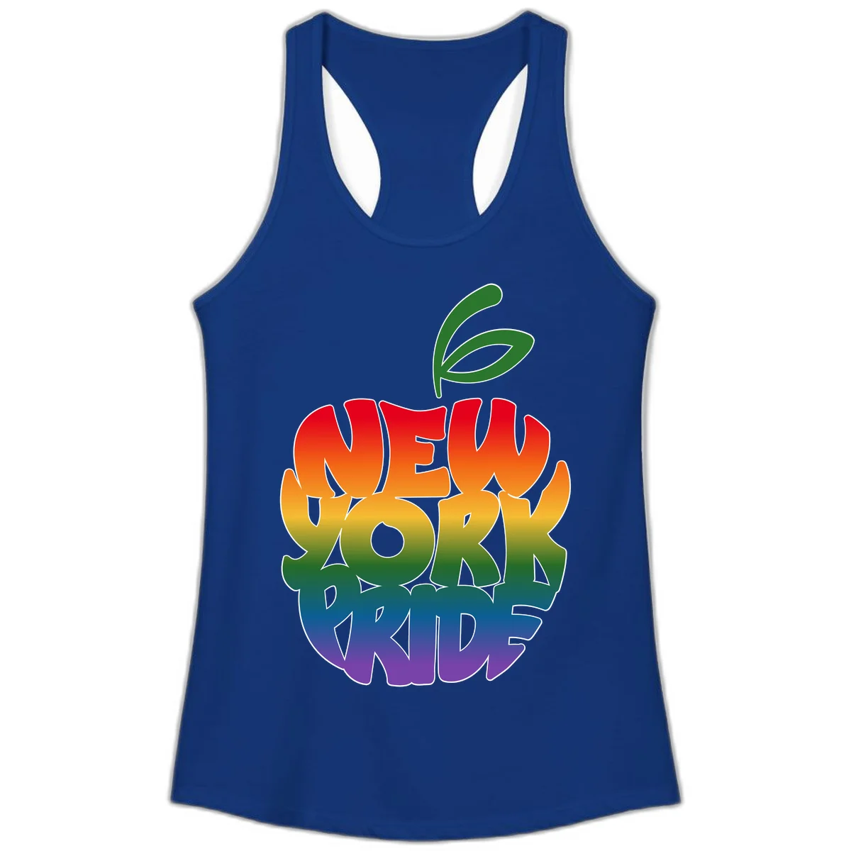 New York Pride apple design with rainbow gradient colors from red to purple and green leaves on top in Solid Royal