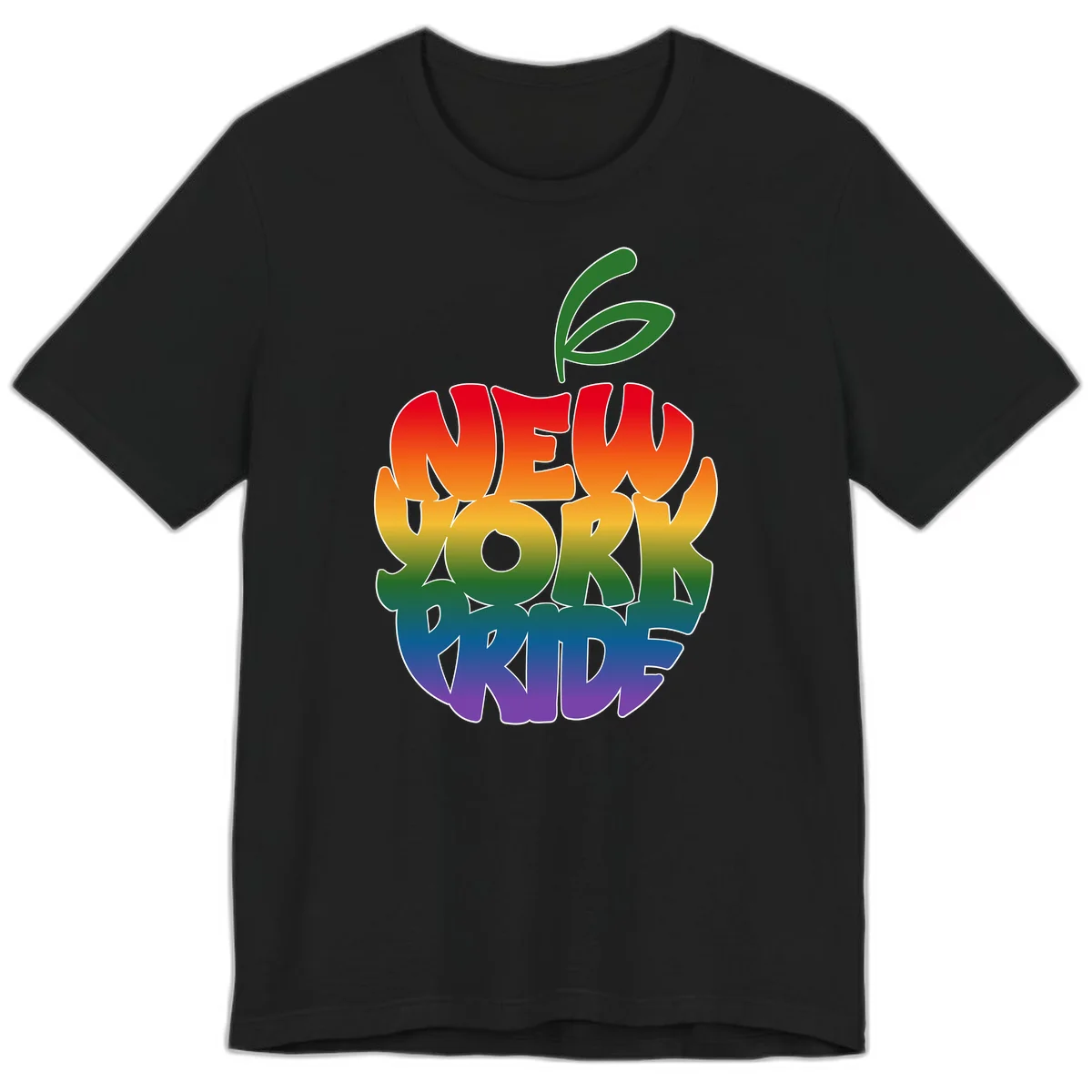 New York Pride apple design with rainbow gradient colors from red to purple and green leaves on top in Black