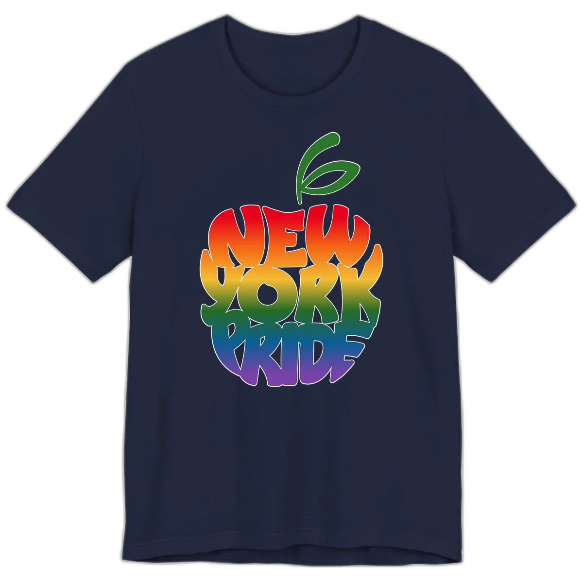 New York Pride apple design with rainbow gradient colors from red to purple and green leaves on top in Navy