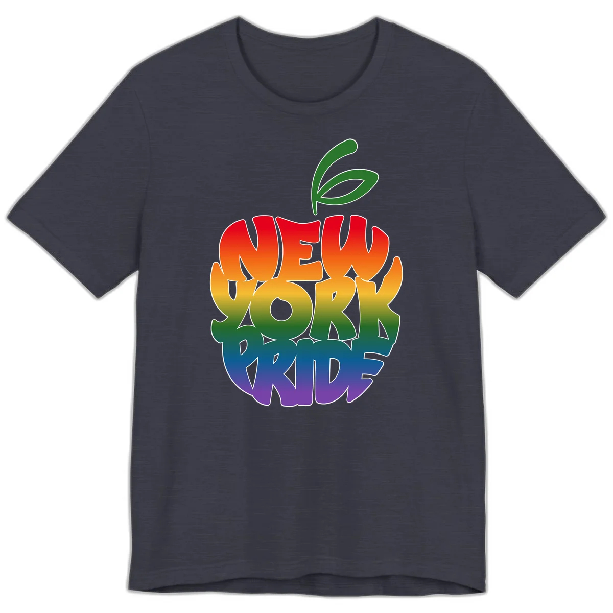 New York Pride apple design with rainbow gradient colors from red to purple and green leaves on top in Heather Midnight Navy