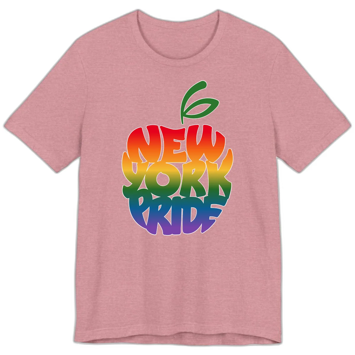 New York Pride apple design with rainbow gradient colors from red to purple and green leaves on top in Heather Orchid