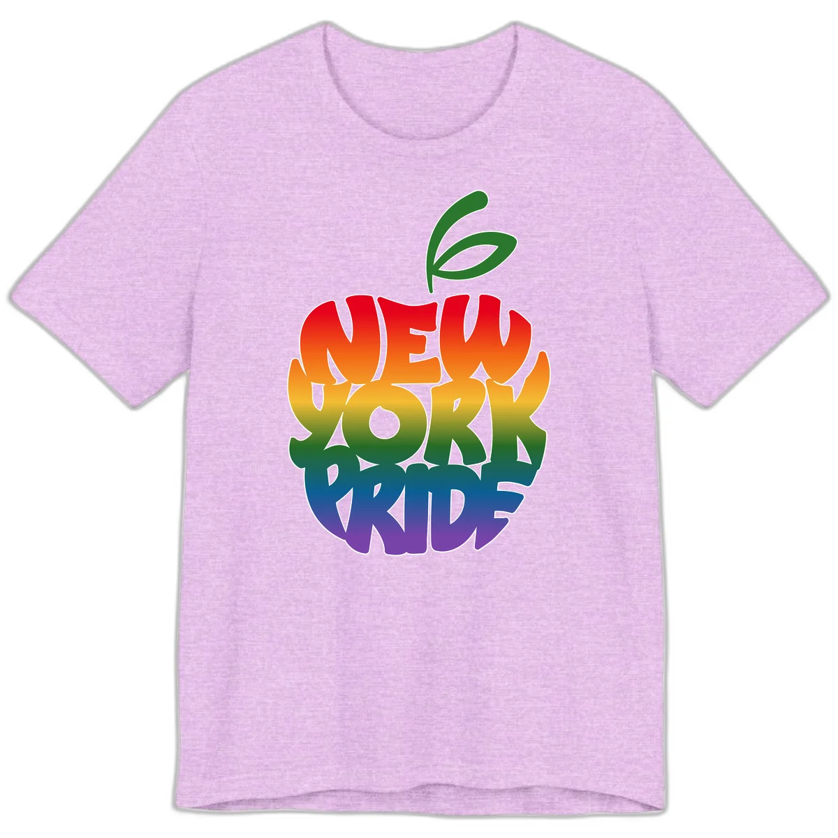New York Pride apple design with rainbow gradient colors from red to purple and green leaves on top in Heather Prism Lilac