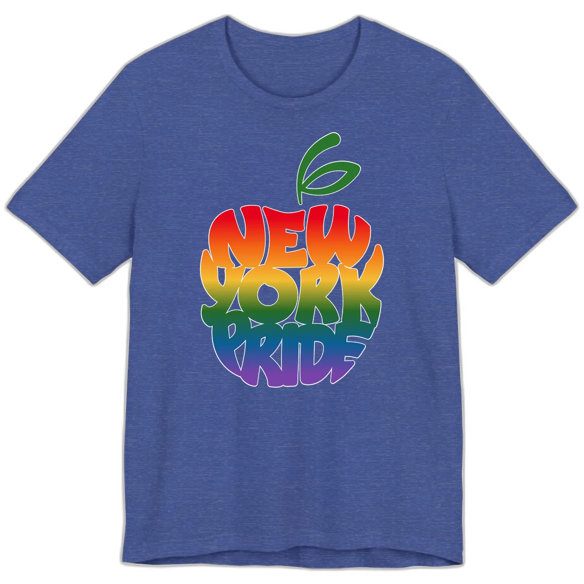 New York Pride apple design with rainbow gradient colors from red to purple and green leaves on top in Heather True Royal