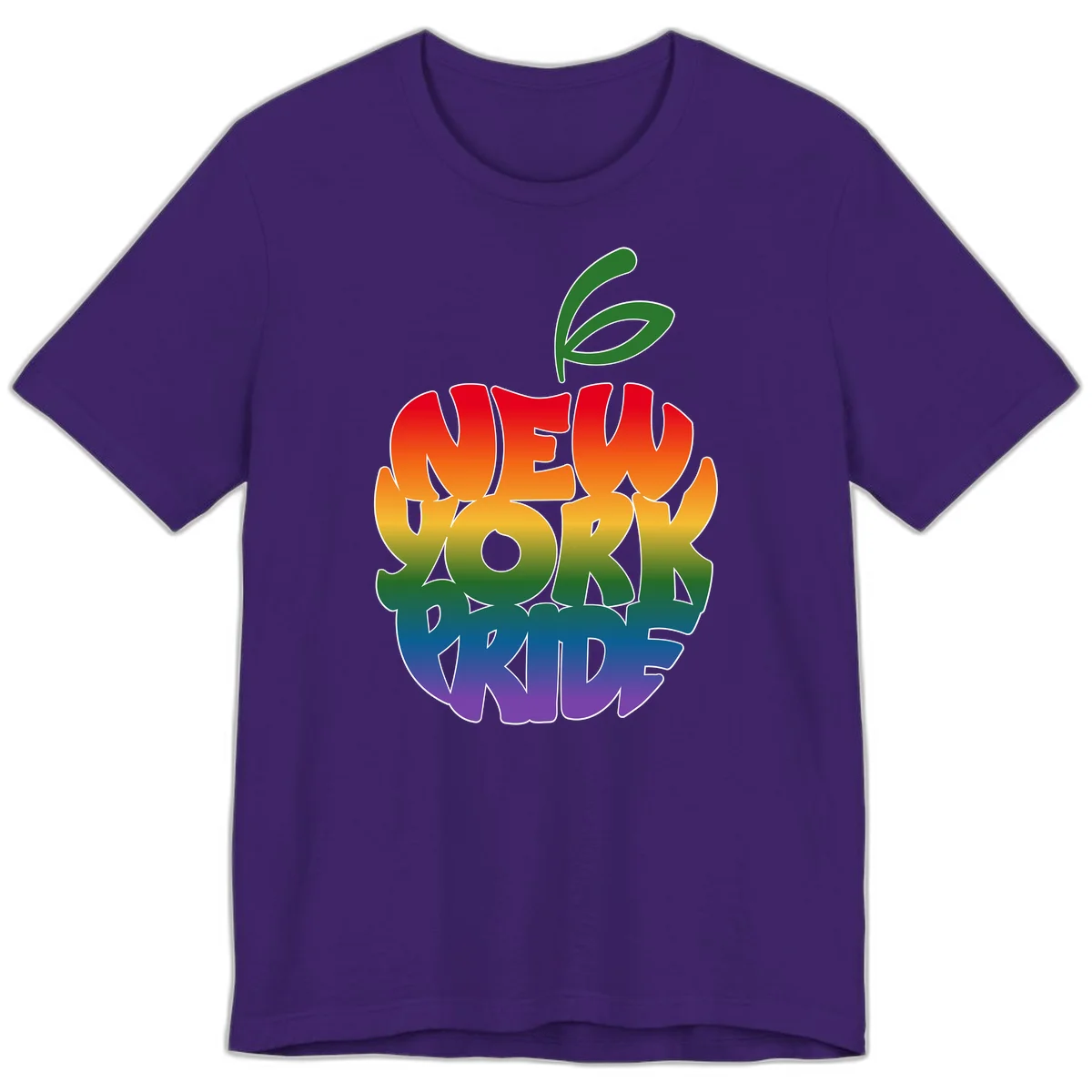 New York Pride apple design with rainbow gradient colors from red to purple and green leaves on top in Team Purple