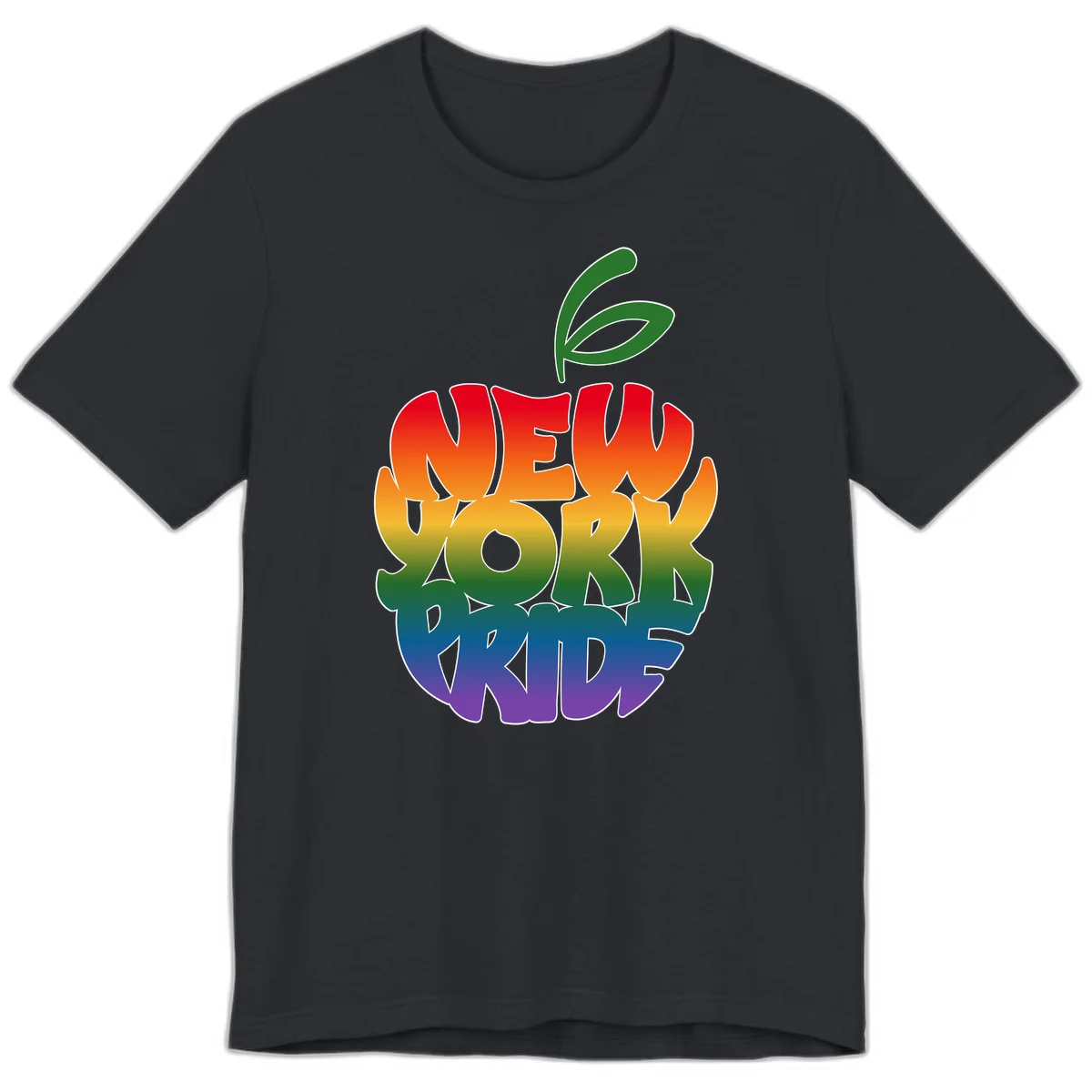 New York Pride apple design with rainbow gradient colors from red to purple and green leaves on top in Vintage Black