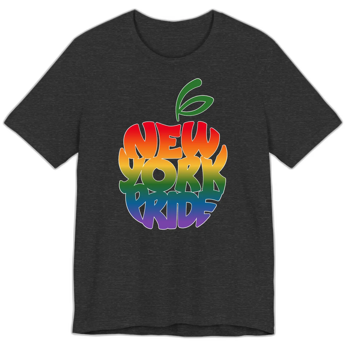 New York Pride apple design with rainbow gradient colors from red to purple and green leaves on top in Dark Grey Heather