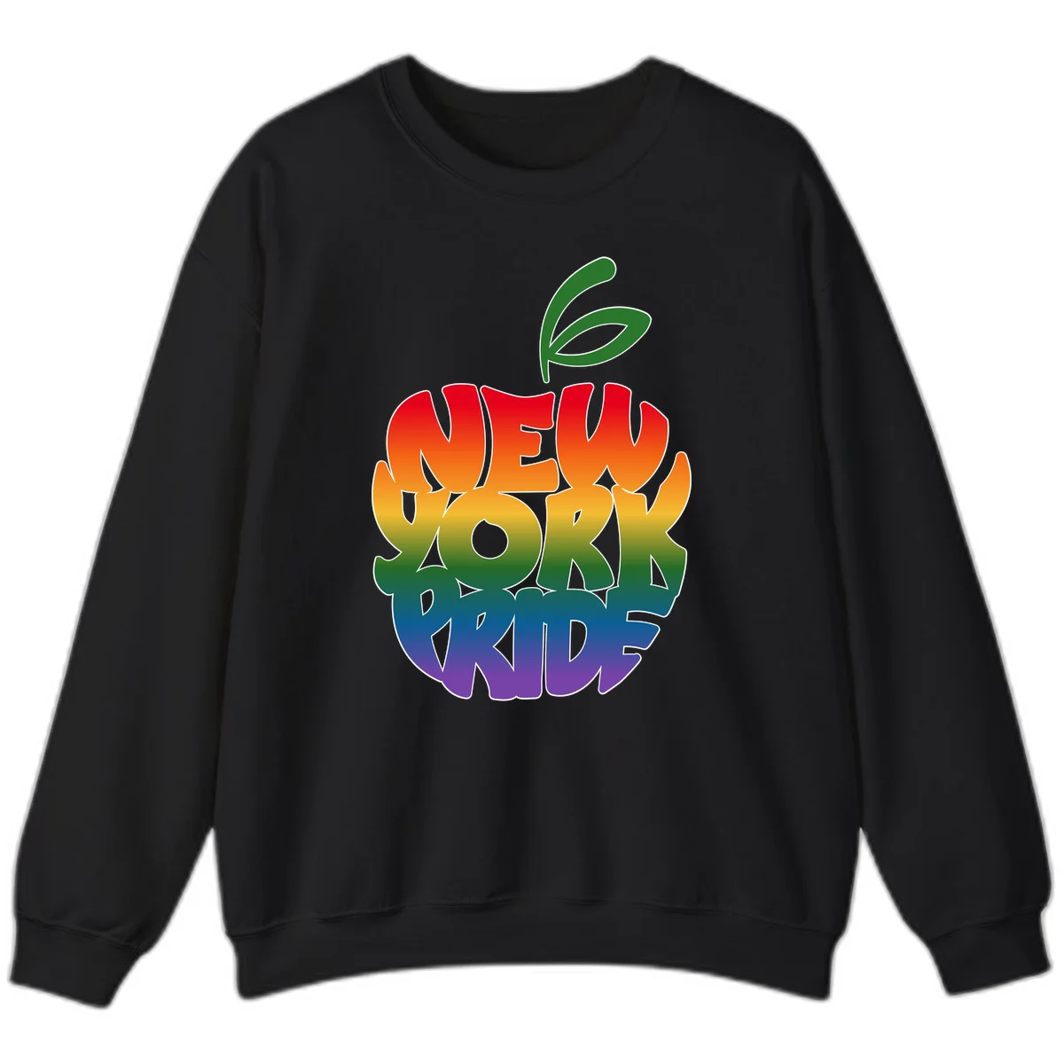 New York Pride apple design with rainbow gradient colors from red to purple and green leaves on top in Black