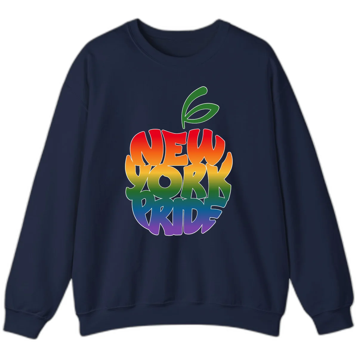 New York Pride apple design with rainbow gradient colors from red to purple and green leaves on top in Navy