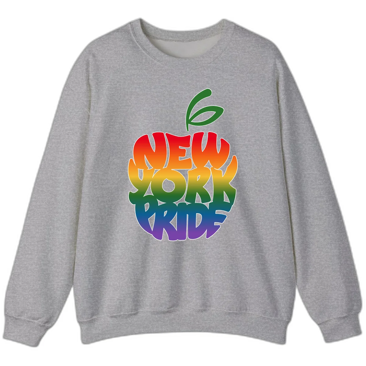 New York Pride apple design with rainbow gradient colors from red to purple and green leaves on top in Sport Grey